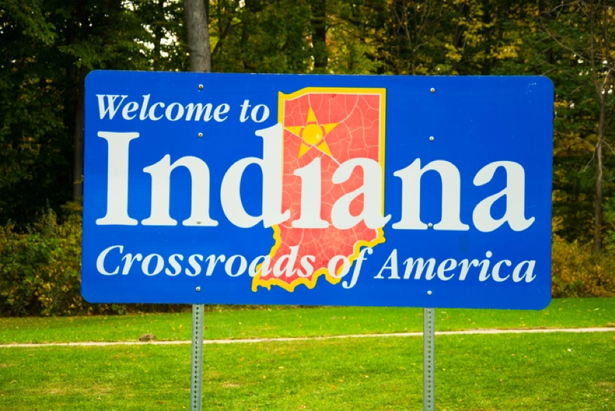 A sign that reads "Welcome to Indiana, Crossroads of America"